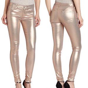 NWT 7 For All Mankind THE SKINNY Jeans Coated Metallic Light Blush Rose Gold 25